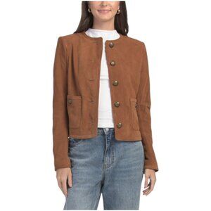 ELIE TAHARI Suede Long Crew Neck Button Down Jacket With Front Patch Pockets